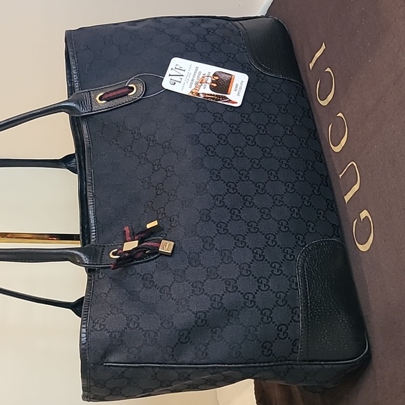GUCCI 1990'S  VINTAGE GG CANVAS/LEATHER LARGE PRINCY TOTE W WEBBING DETAIL - Picture 3 of 17